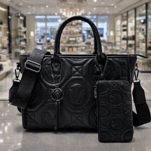 Valentino Orlandi Black Quilted Logo Tote with Detachable Strap